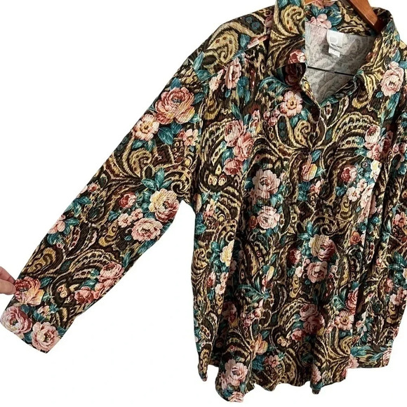 Roamans Floral Rose Button Up Blouse 1X Front Pocket Swirls Long Sleeve Stretch - Picture 4 of 8